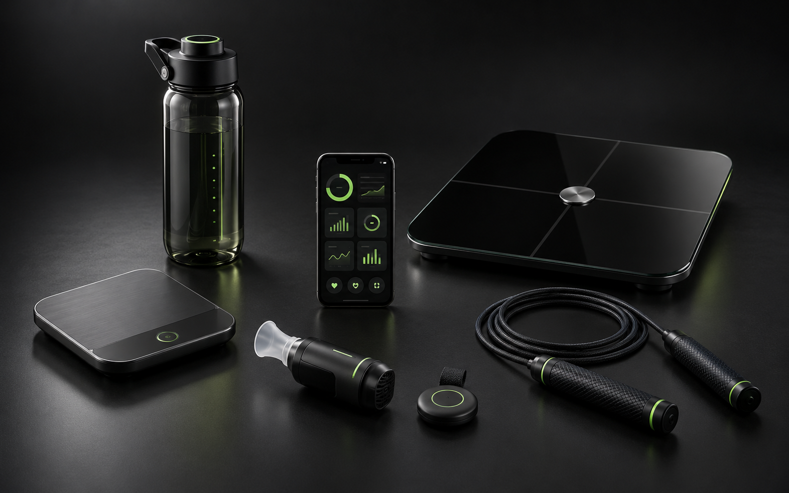 Ecossistema TrainTECH com garrafa, balanças, corda, treinador respiratório, Evolution Tag e Athlete OS